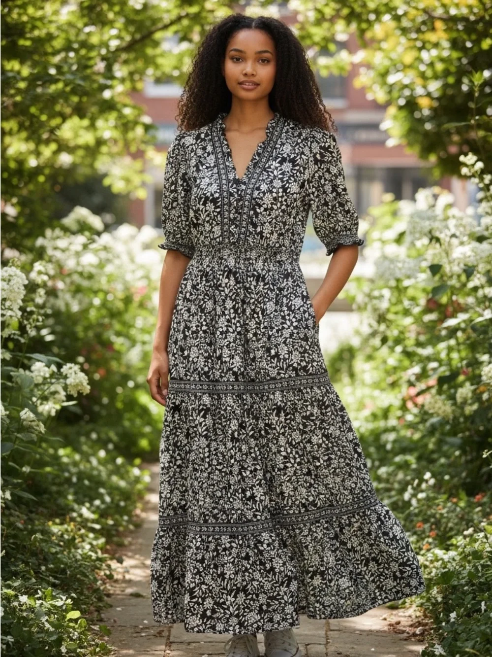 Max Studio Cottagecore Black & White Floral Tiered Maxi Dress - Picture 1 of 7